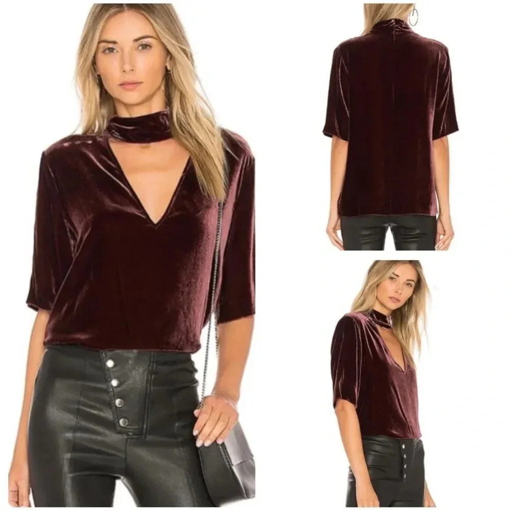 Theory Slit Collar V-Neck Luxe Velvet Top Maroon Burgundy Size Small